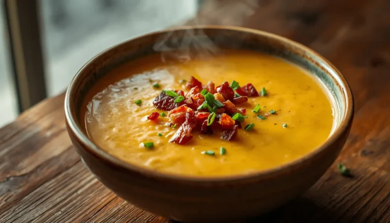 Bowl of creamy cheddar cheese soup topped with bacon and chives