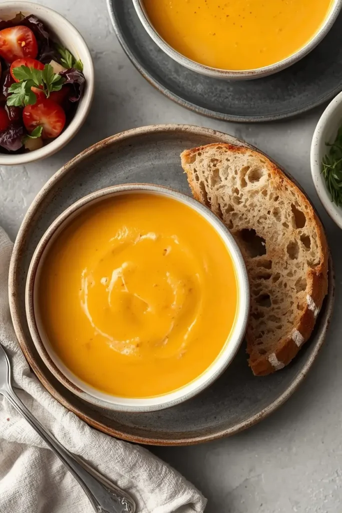 Cheddar cheese soup served with a side salad and low-carb bread