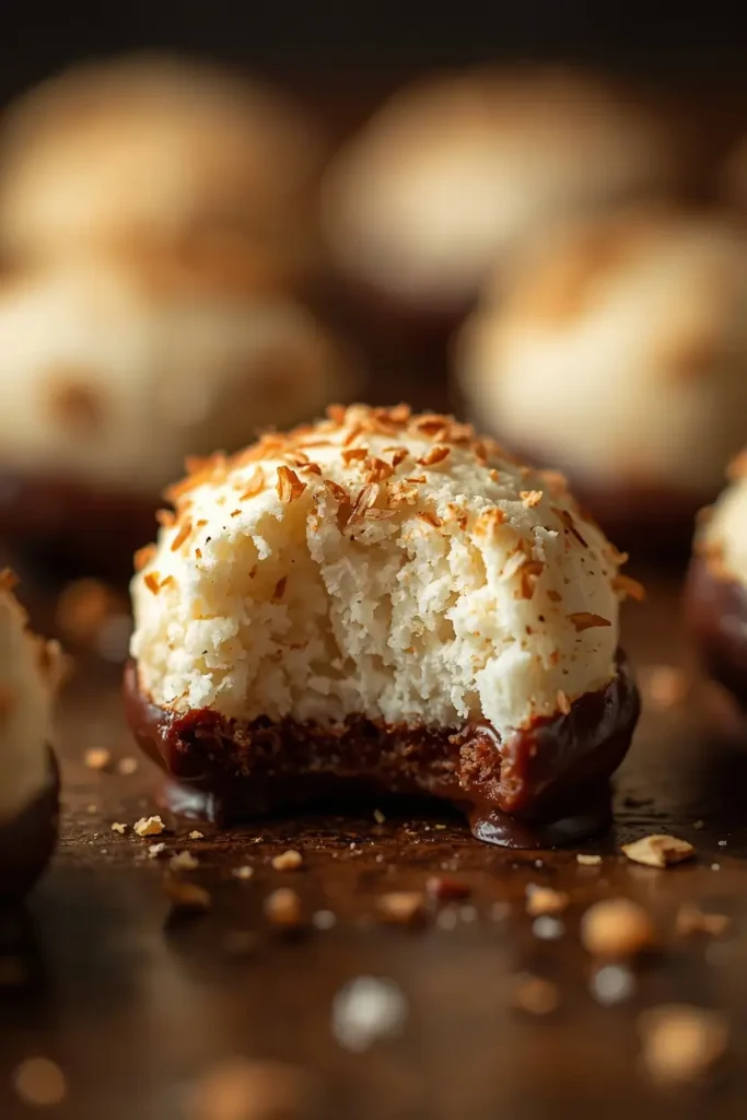 Coconut Macaroon Cookie Recipe 4 Chocolate-dipped keto coconut macaroon showing a chewy center, made with this coconut macaroon cookie recipe