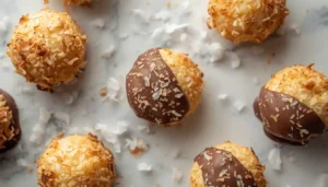 Coconut Macaroon Cookie Recipe Golden keto coconut macaroon cookies on a marble board from an easy coconut macaroon cookie recipe