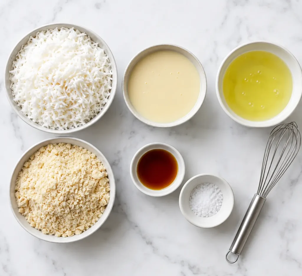 Coconut Macaroon Cookie Recipe 2 Ingredients for a keto coconut macaroon cookie recipe including shredded coconut, sugar-free condensed milk, and egg whites