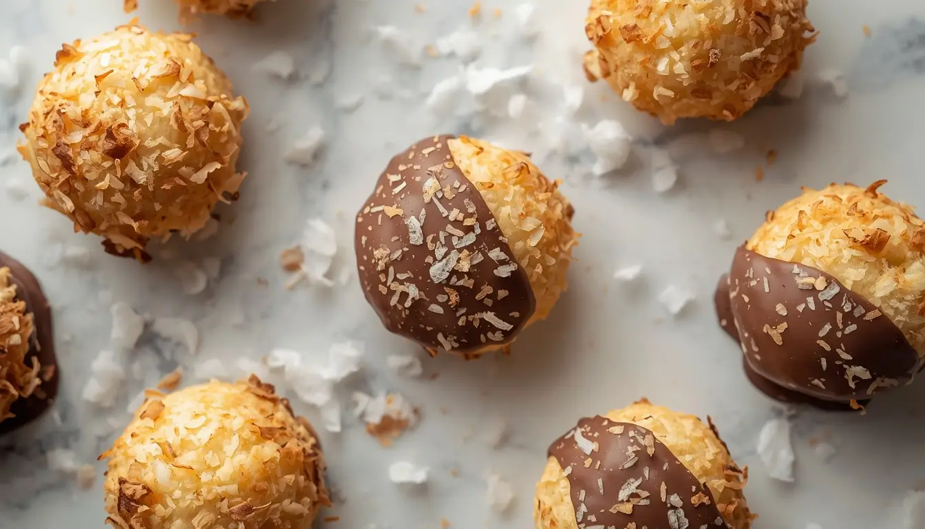 Golden keto coconut macaroon cookies on a marble board from an easy coconut macaroon cookie recipe