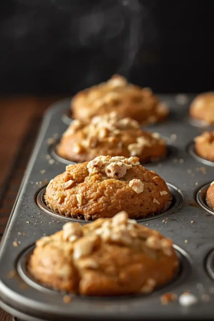 Coffee Cake Muffins 3 Freshly baked coffee cake muffins in a muffin tin with golden streusel topping