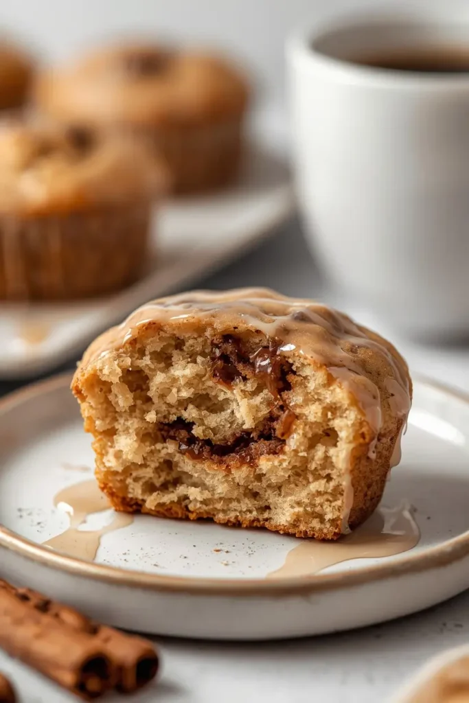Coffee Cake Muffins 4 Cross-section of a glazed low-carb coffee cake muffin showing moist interior