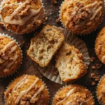 Overhead shot of low-carb coffee cake muffins with cinnamon streusel topping on a wooden board