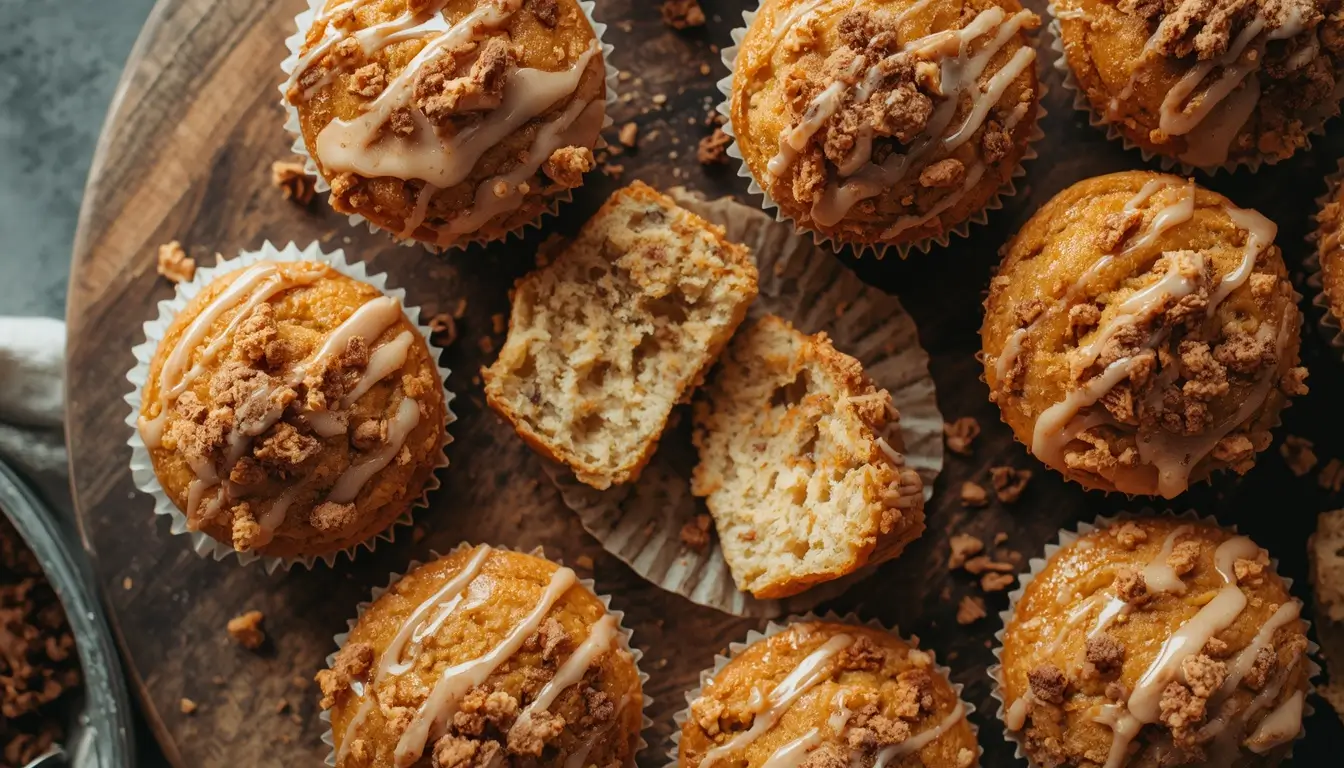 Overhead shot of low-carb coffee cake muffins with cinnamon streusel topping on a wooden board