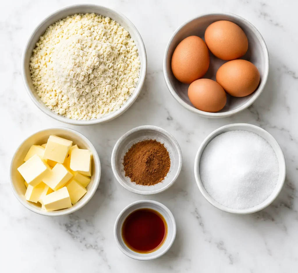 Coffee Cake Muffins 2 Flat-lay of ingredients used to make keto coffee cake muffins including almond flour and cinnamon