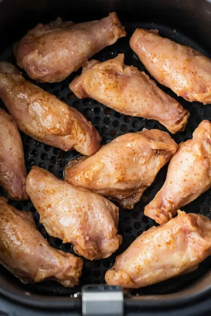 Crispy Air Fryer Chicken Wings 3 Raw chicken wings arranged in an air fryer basket before cooking crispy air fryer chicken wings