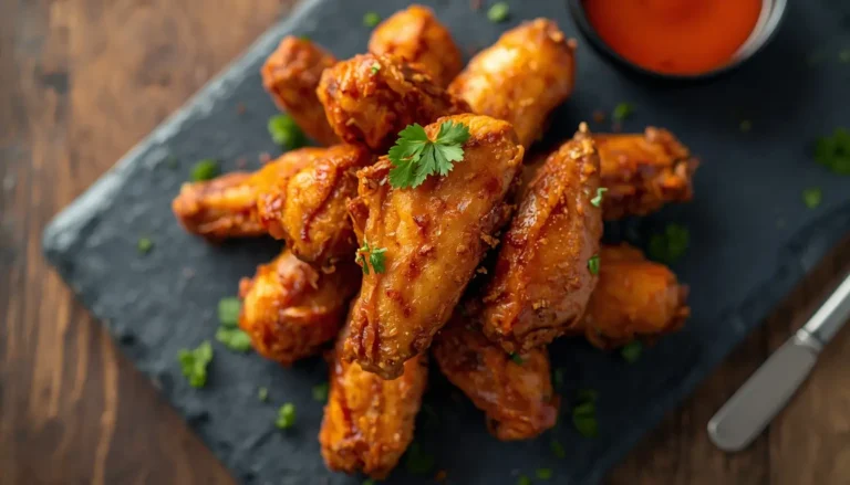 Crispy air fryer chicken wings piled on a slate plate with dipping sauce