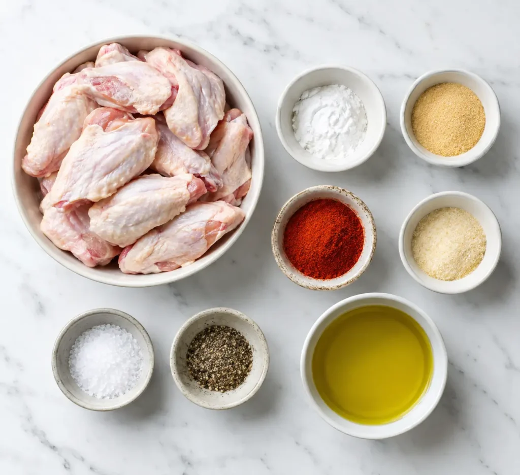 Crispy Air Fryer Chicken Wings 2 Ingredients for crispy air fryer chicken wings recipe including wings, baking powder, and spices