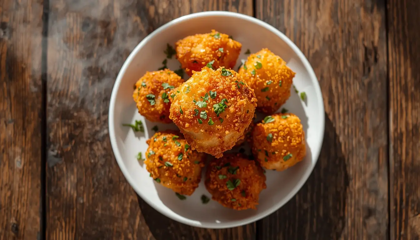 Chicken Bites 1 Golden crispy chicken bites garnished with parsley on a white plate