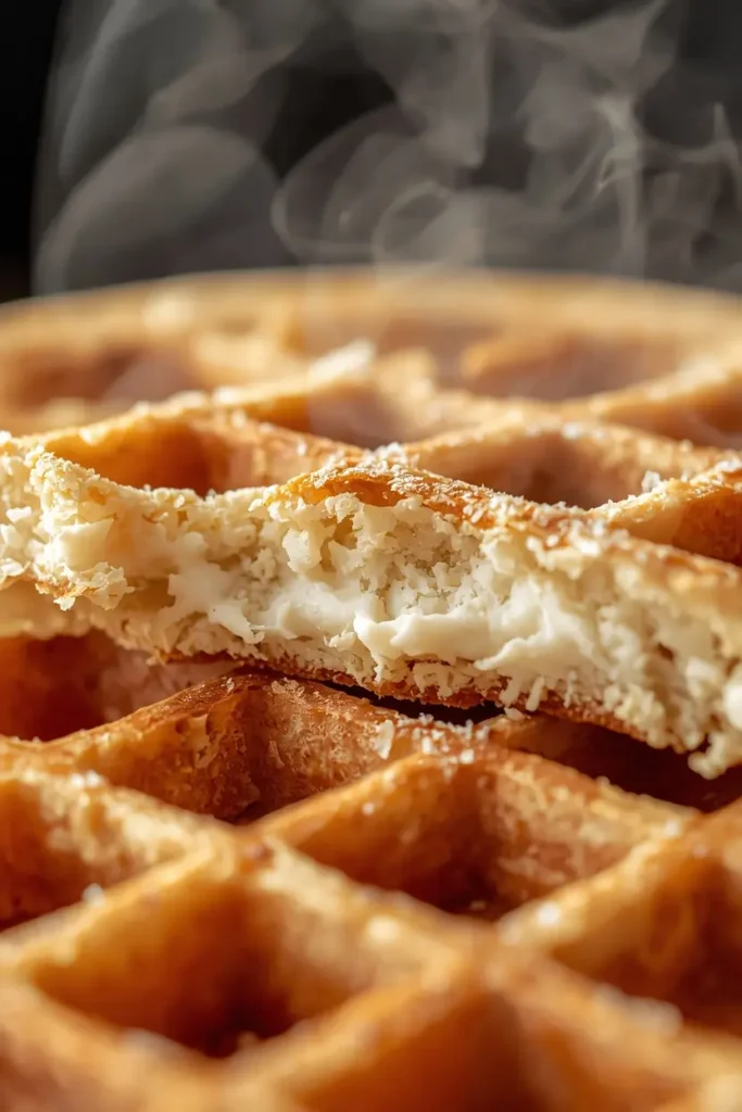 Almond Flour Waffles 3 Cross-section of an almond flour waffle showing a fluffy interior and crisp crust