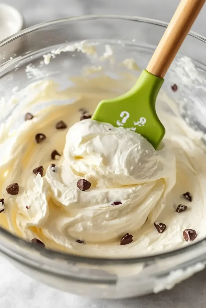 Keto Cannoli Cream 3 Folding ricotta and mascarpone together to make keto cannoli cream in a glass bowl