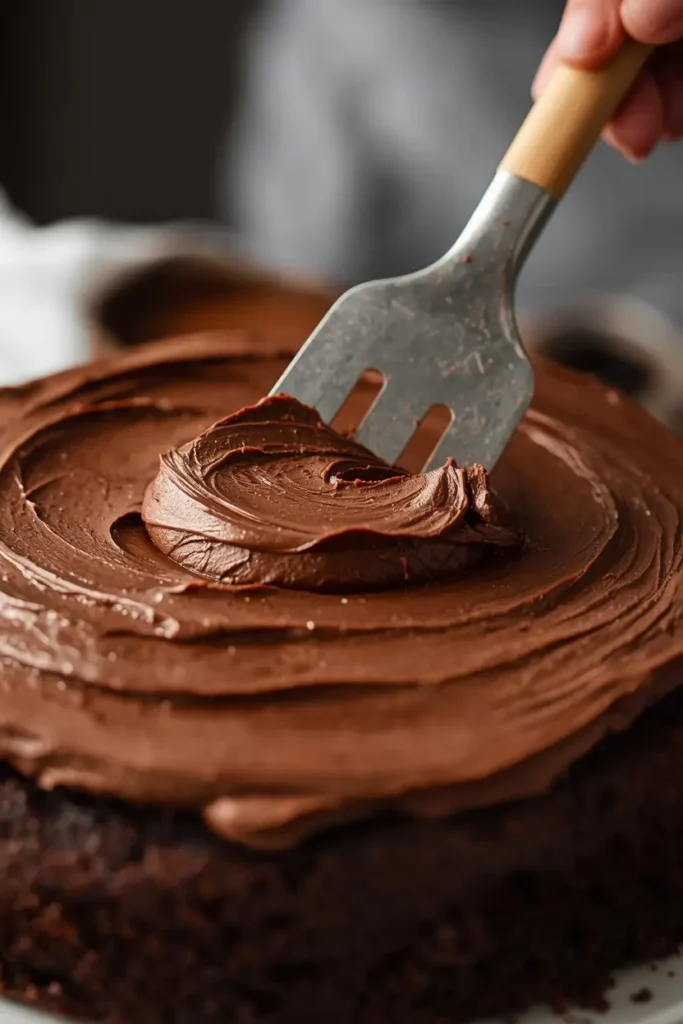 Keto Chocolate Cake Recipe 3 Spreading chocolate frosting on a keto chocolate cake layer with an offset spatula