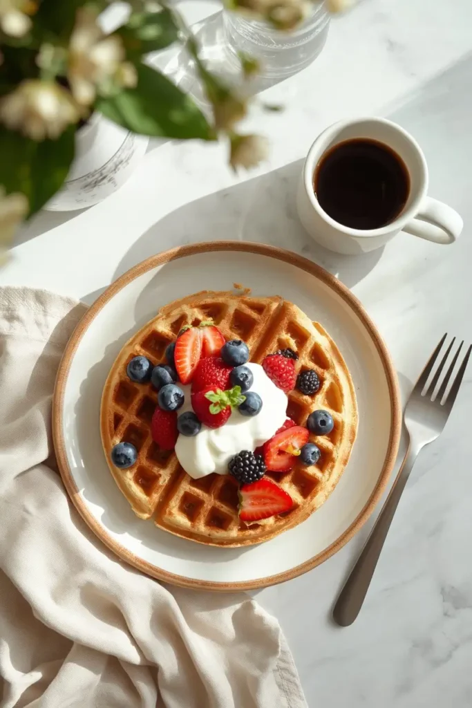 Almond Flour Waffles 4 Healthy almond flour waffles topped with Greek yogurt and berries served with coffee