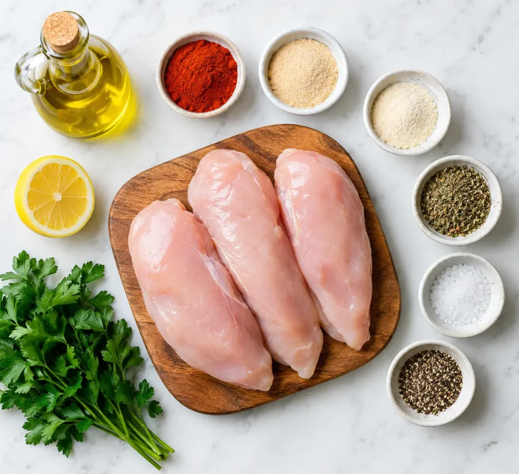 Healthy Baked Chicken Breast 2 Ingredients for healthy baked chicken breast including raw chicken, olive oil, paprika, garlic powder, and lemon