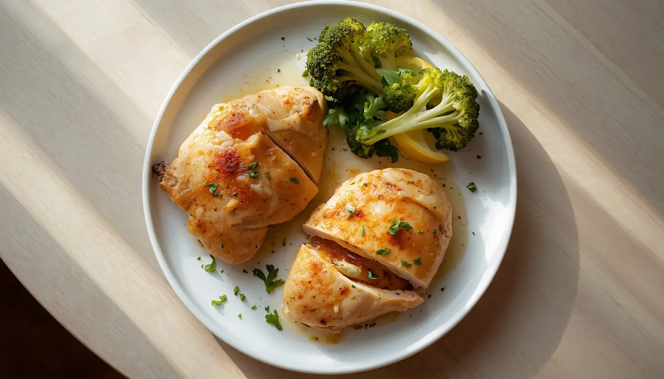 Healthy Baked Chicken Breast 1 Healthy baked chicken breast recipe sliced and served with lemon and parsley on a white plate