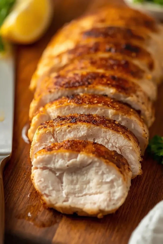 Healthy Baked Chicken Breast 3 Juicy sliced healthy baked chicken breast on a cutting board showing a tender, moist interior