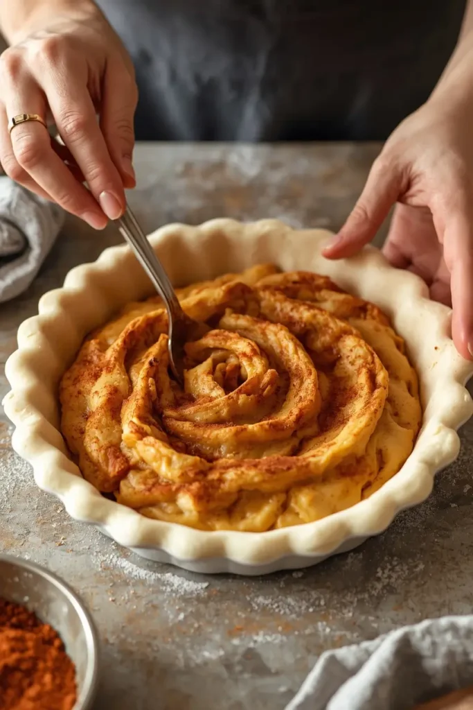 Keto Apple Pie 3 Filling an almond flour crust with cinnamon jicama filling for keto apple pie