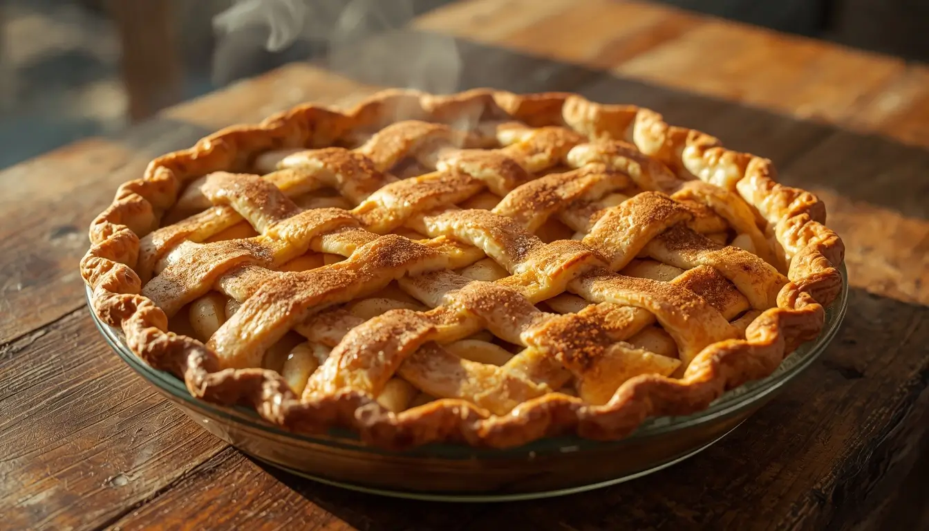 Keto Apple Pie 1 Whole keto apple pie with golden lattice crust cooling on a wooden table