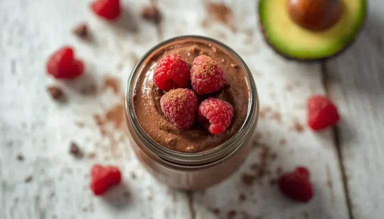 Glass jar of keto avocado chocolate pudding topped with raspberries and cocoa powder on a white wooden table