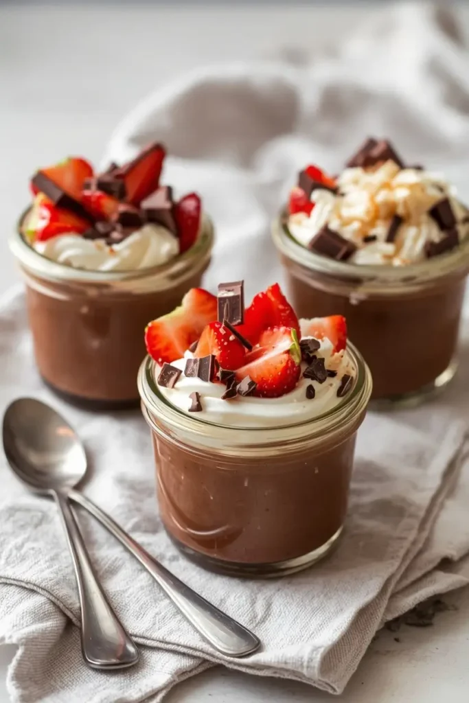 Keto Avocado Chocolate Pudding 5 Three jars of keto avocado chocolate pudding topped with whipped cream, strawberries, shaved chocolate, and coconut flakes