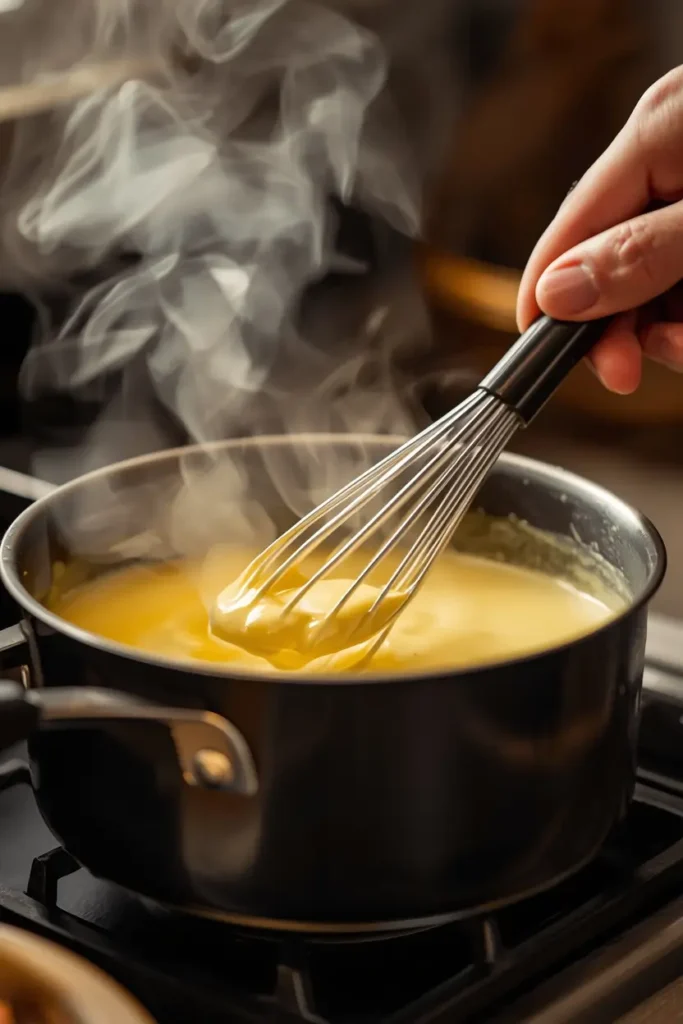 Keto Banana Pudding 3 Whisking keto banana pudding custard on the stovetop until thick and creamy