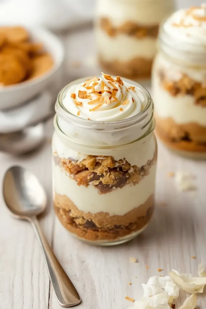Keto Banana Pudding 4 Single serving of keto banana pudding in a mason jar topped with toasted coconut