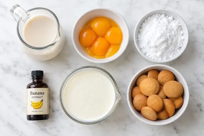 Keto Banana Pudding 2 Ingredients for a keto banana pudding recipe including almond milk, egg yolks, and banana extract