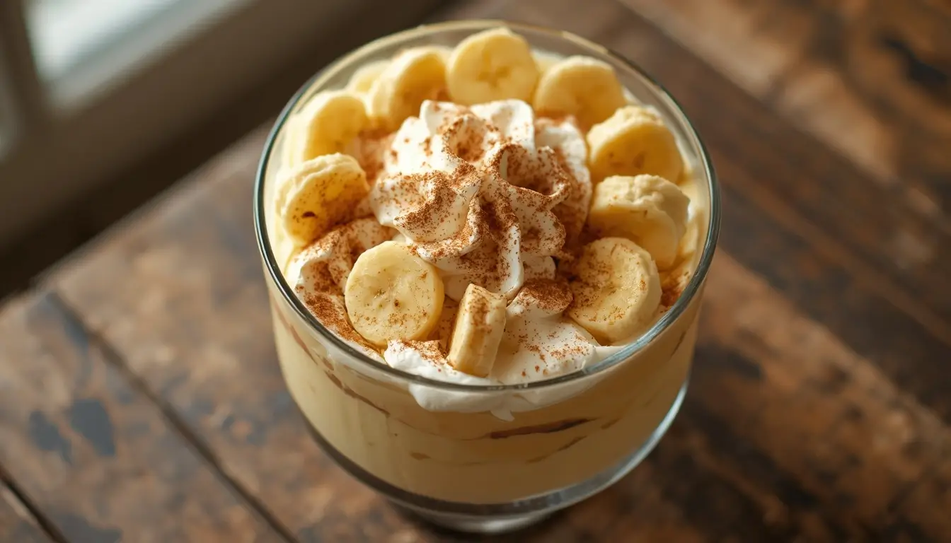Keto Banana Pudding 1 Keto banana pudding layered in a glass trifle dish with whipped cream and low-carb cookies