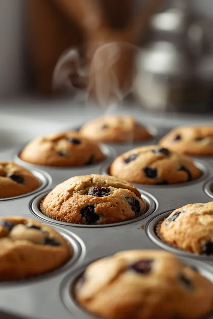 Keto Blueberry Muffins 3 Freshly baked keto blueberry muffins in a muffin tin
