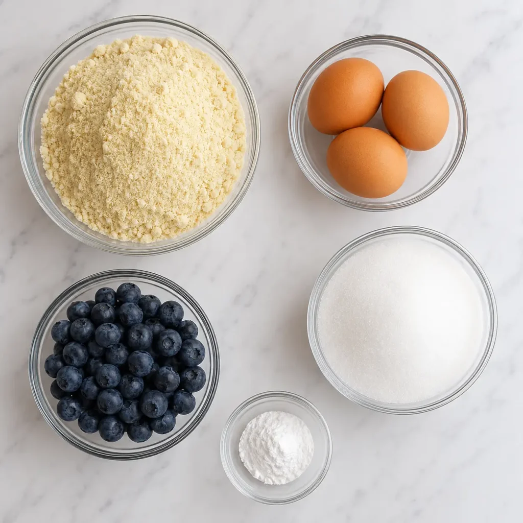 Keto Blueberry Muffins 2 Ingredients for keto blueberry muffins recipe including almond flour and blueberries