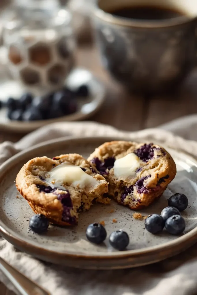 Keto Blueberry Muffins 4 Keto blueberry muffin served warm with butter and coffee