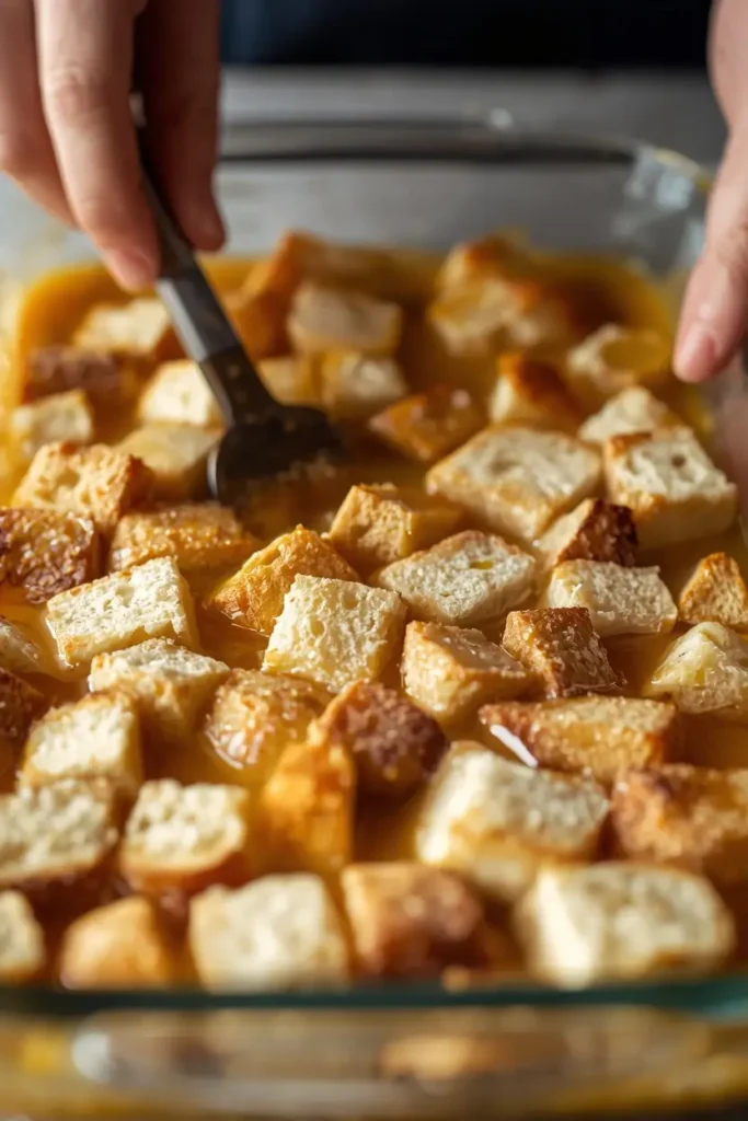 Keto Bread Pudding 3 Cubed bread soaking in custard mixture for keto bread pudding preparation