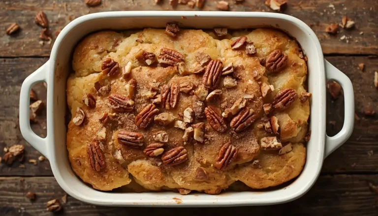 Golden baked keto bread pudding in a white ceramic dish topped with pecans and cinnamon