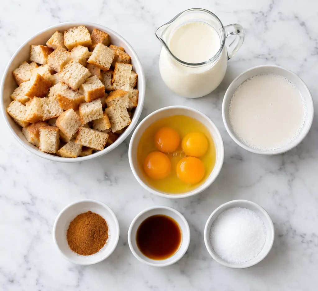 Keto Bread Pudding 2 Flat lay of ingredients for keto bread pudding including low-carb bread, eggs, and cream