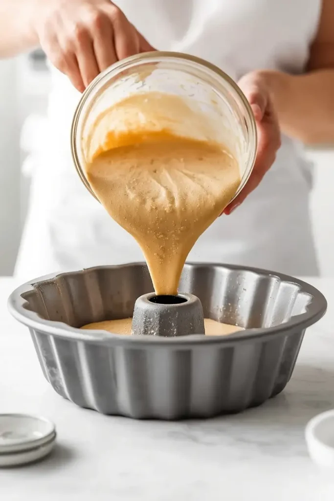 Keto Bundt Cake 3 Pouring keto bundt cake batter into a greased bundt pan before baking
