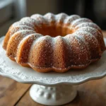 Whole keto bundt cake dusted with powdered erythritol on a cake stand