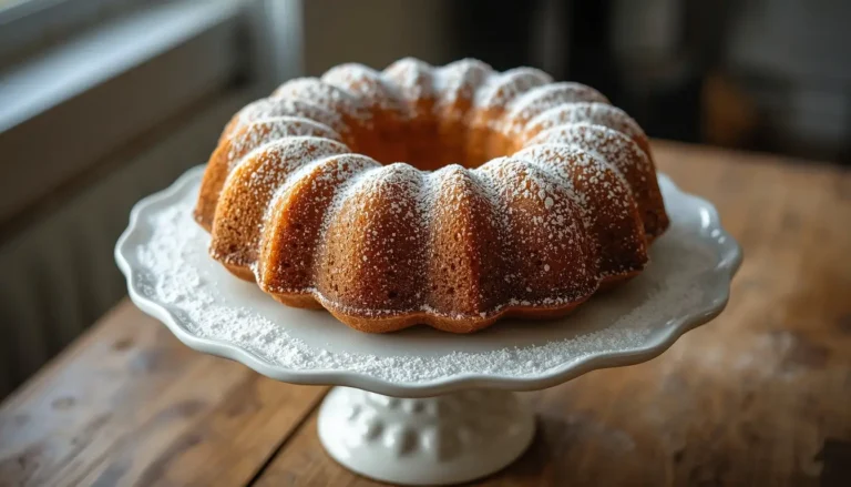 Whole keto bundt cake dusted with powdered erythritol on a cake stand