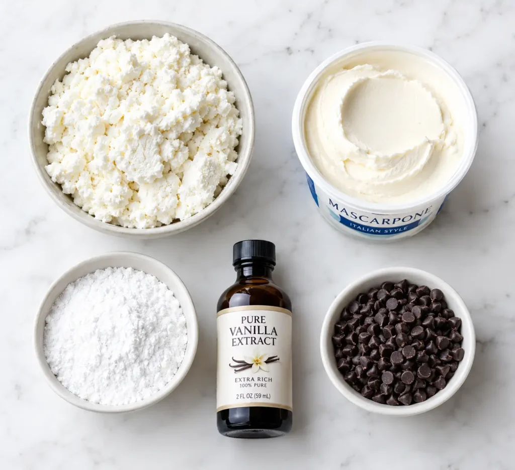Keto Cannoli Cream 2 Five simple ingredients for keto cannoli cream laid out on a marble counter