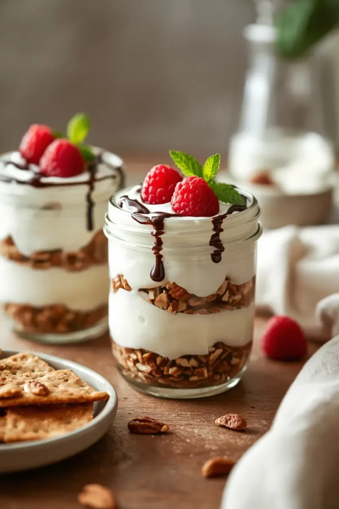 Keto Cannoli Cream 4 Keto cannoli cream parfaits layered with pecans, raspberries and chocolate in glass jars