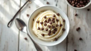 Keto Cannoli Cream Bowl of creamy keto cannoli cream topped with sugar-free chocolate chips