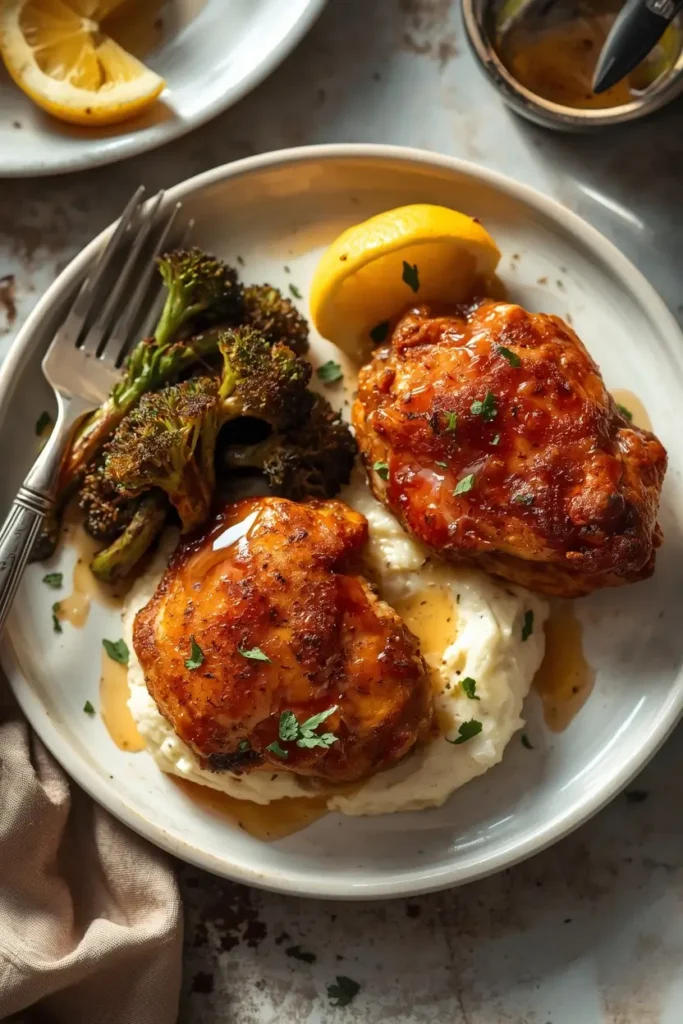 Cast Iron Skillet Chicken Thighs 5 Keto dinner plate with cast iron skillet chicken thighs, cauliflower mash, and roasted broccoli