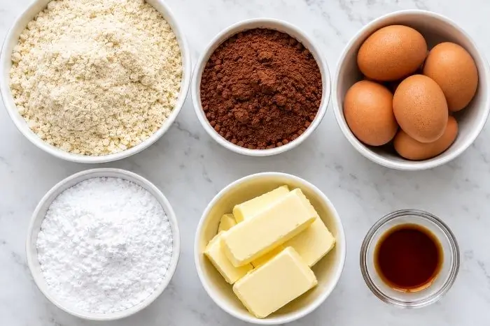 Keto Chocolate Cake Recipe 2 Flat lay of almond flour, cocoa powder, eggs, and erythritol for keto chocolate cake recipe