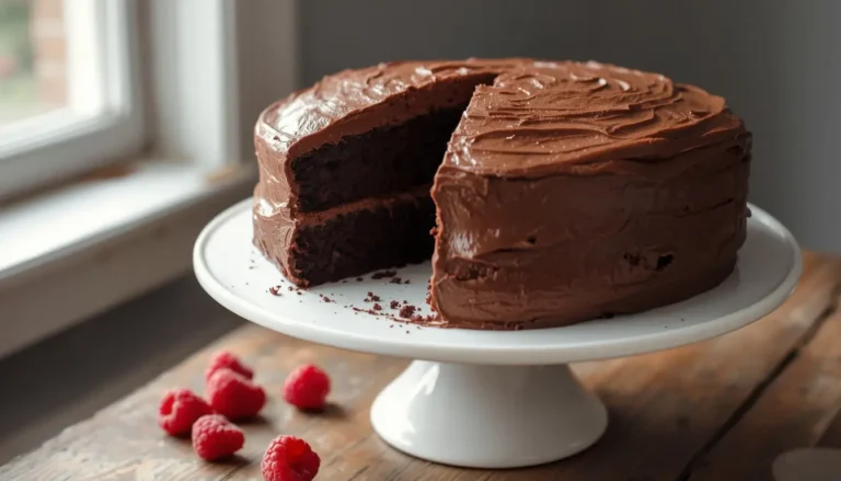 Sliced keto chocolate cake with chocolate frosting and fresh raspberries on a cake stand