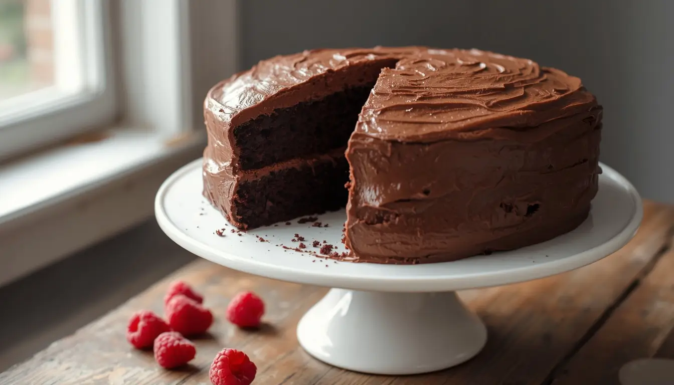 Keto Chocolate Cake Recipe 1 Sliced keto chocolate cake with chocolate frosting and fresh raspberries on a cake stand