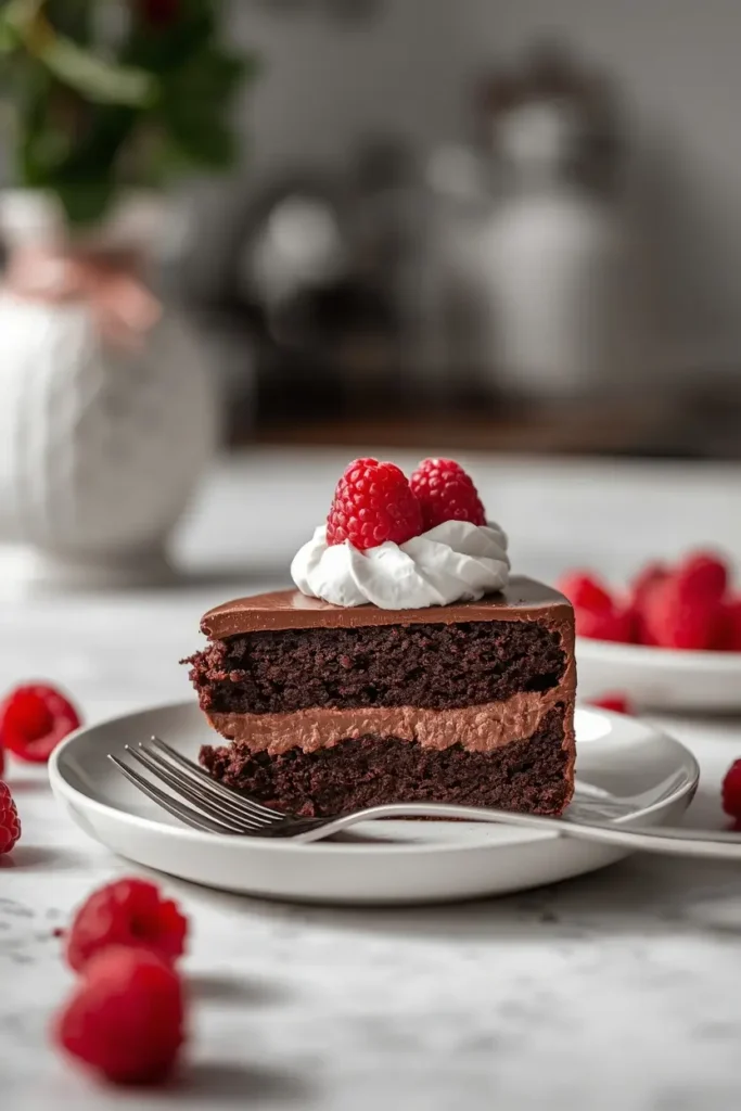 Keto Chocolate Cake Recipe 4 Plated slice of keto chocolate cake topped with whipped cream and raspberries
