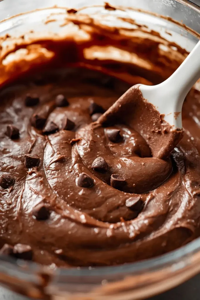 Keto Chocolate Pound Cake 6 Chocolate batter being folded in a bowl while making keto chocolate pound cake
