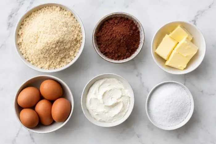 Keto Chocolate Pound Cake 2 Ingredients laid out for a keto chocolate pound cake recipe, including almond flour and cocoa powder