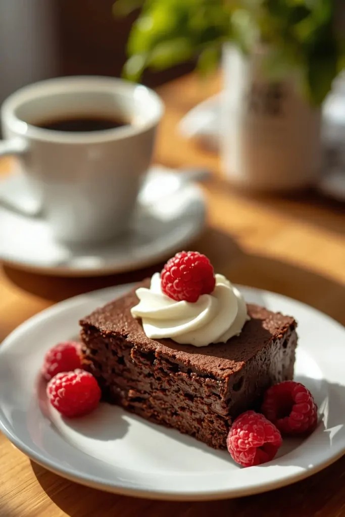 Keto Chocolate Pound Cake 7 A slice of keto chocolate pound cake served with whipped cream and fresh raspberries
